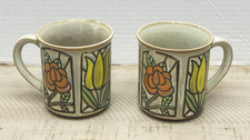 Vintage 1970s Stoneware Mugs Set of 2 - Hand-Painted Floral Speckled Glaze Boho picture