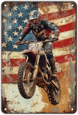 Vintage Tin Metal Sign Dirt Motocross Racing American Flag Painting 8x12 picture