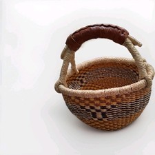 Vintage BOLGA Ghana African Handwoven Alaffia Basket Leather Wrapped Handle, SM. picture