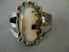 OLD Southwestern Native American Navajo Agate Sterling Silver Stampwork Bracelet picture