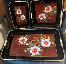 VTG Toyo Japan Black Lacquered Serving Trays Floral Design 3 Pc Set Laquerware picture
