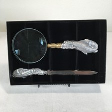 Vtg Arthur Court Fish Desk Set Magnifying Glass & Letter Opener NOS Boxed picture