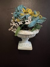 Vintage French Style Glass Seed Bead Flowers Blue Ceramic Urn Mini Bouquet picture