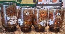 (4) 1970s Vintage Libbey Glasses Camellia Daisy Tawny Brown BARELY USED Perfect picture