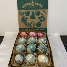 Vintage Shiny Brite Glass Christmas Ornaments Stencils Peace On Earth Box 12 picture