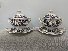 Antique 1816-40 Pair Sauce Tureen Chamberlains Worcester Cobalt Eagle Head picture