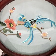 Vtg Chinese Suzhou Double Sided Silk Embroidery Screen Wooden Base Birds Floral picture