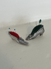 Set of 2 Vintage Solid Sterling Silver Mini Pin Cushion Lady's Shoe Novelty Gift picture