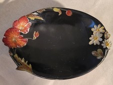 Vintage Hand Painted Black Ceramic Trinket Dish 3D Raised Poppies Flowers  picture