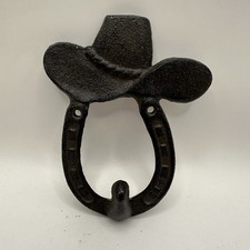 Vintage Cast Iron Cowboy Hat Horseshoe Wall Hook Western Ranch Rustic Coat Hold picture