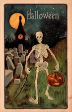 Halloween Skeleton Holding JOL & Walking in Cemetery Vintage Color Postcard COPY picture