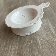 White Porcelain Tea Strainer Scalloped Edge Vintage 2 Piece with Drip Tray picture