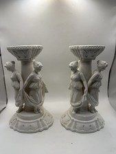 Vintage Pair White Porcelain Figural Candlesticks Classical Ladies 9