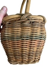 Small Hand Woven Wicker Basket w Reed Handle 6 x 10 Muted Pink Green Brown NICE picture