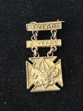 Vintage BSA Boy Scouts Perfect Attendance Pin Medal 1 & 2 Year Bar Gold Tone VTG picture