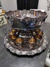 Vintage Baroque Silver Plated Ornate Punch Bowl Set 14 Pc Moody Gothic Decor picture