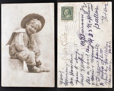 1908 Young Boy Straw Hat Wide Brim Straw Hat Sepia Portrait San Antonio Texas B4 picture