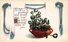 New Year Card Succulent Pot Planter Blue Rope True Friendship Vtg Postcard D53 picture