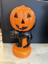 Halloween Blow Mold Vintage Style Table Top Black Cat & Pumpkin 11” picture