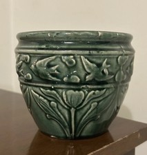 RARE 1917 Brush McCoy Flying Birds & Tulips Green Jardiniere Planter #239 CRACK picture
