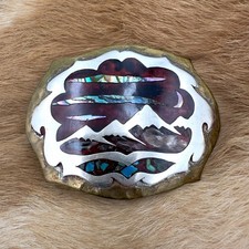 VTG Southwestern Mountain Landscape Turquoise Abalone Chip Inlay Belt Buckle picture