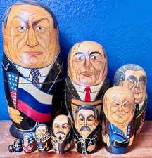 VTG Russian Nesting Dolls 10 Pc Political Leaders Yeltsin USSR Matryoshk History picture