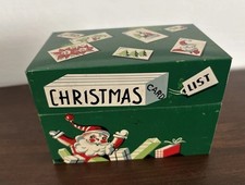 Vintage Mayfair Santa Christmas Card List Recipe File Box Tin Litho Metal 1950s picture