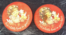 2 Vtg Button Pin Hallmark Love Little Girl Kitten Cat Heart Red USA Matching picture