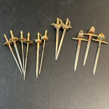 11 Vtg MCM Toledo Spain Cocktail Picks Skewers Brass Swords Bar Party Lot Set picture