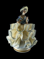 HTF Vintage Irish Dresden Lydia 1978 Porcelain Lace Figurine Blue Ivory Lady Fan picture