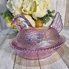 Pink Iridescent Carnival Glass Hen on Nest Candy Dish Beaded Rim 7.5 Inch picture
