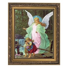 Guardian Angel Framed Print, Under Glass W/ Gold Finish Frame, 12.5