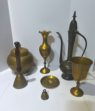 Vintage Indian Etched Brass Lot - 7 Pcs Ewer Pitcher, Chalice, Vase, Bells & Pot picture