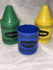 Vintage 1980s Crayon Shaped Kids Drinking Cups Set of 3 Green Blue Yellow 2 Lids picture