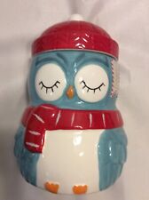 Cozy Winter Owl with Scarf & Hat Cookie Jar Aqua Red Winter Holiday Ceramic 9