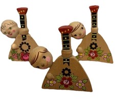 3VTG 1973 USSR Hand Carved Painted Wooden Russian Boy Figurine Playing Balalaik picture