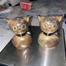 Vintage Cat Kitty Salt Pepper Shakers Speckled Stoneware Japan Bow Happy Gift picture