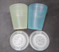 VTG Tupperware 2oz MIDGET Salt & Pepper Shaker Set Pastel Yellow Blue #101 +Lids picture