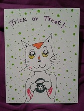Vintage Style Halloween Greeting Card - Cute Kitty Cat Trick or Treat - Handmade picture