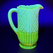 Antique Vaseline Uranium Glass Handled Pitcher Jug Yellow Pearline Opalescent picture