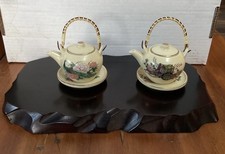 Vintage Japanese Miniature Teapot Set Pair Saucers Hand Painted Wood Base picture