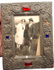 Antique Metal Picture Frame Jeweled Faux Glass Gems 4x3 Tabletop Decor VTG picture