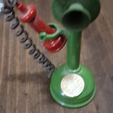 Miniature Vintage-Style Candlestick Phone Green/Red w/ Coiled Cord picture
