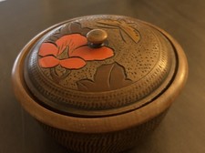 Vintage JAPANESE FLORAL Butterfly Hand Carved Round Wood Trinket Box Container picture