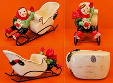 Napco Vintage Hand Painted Ceramic Girl in Sleigh Christmas Planter picture