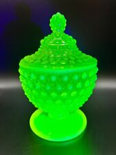 Fenton Glass Topaz Vaseline Opalescent Hobnail Covered Candy Dish - 7