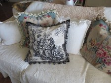 French Aubusson style Fabulous Needlepoint Pillow BLACK Romantic Toile NWOT picture