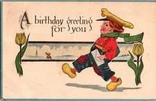 Vintage 1912 Birthday Postcard Boy in Clogs Dutch Theme Tulips picture