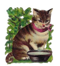 1888 Chromo, KITTEN MILK BOWL, Antique Victorian Die-Cut Scrap 2-1/4