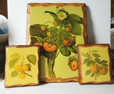VTG MCM Set of 3 Scalloped  Edge Wood Plaque Decoupage Floral Fruit Wall Art  picture
